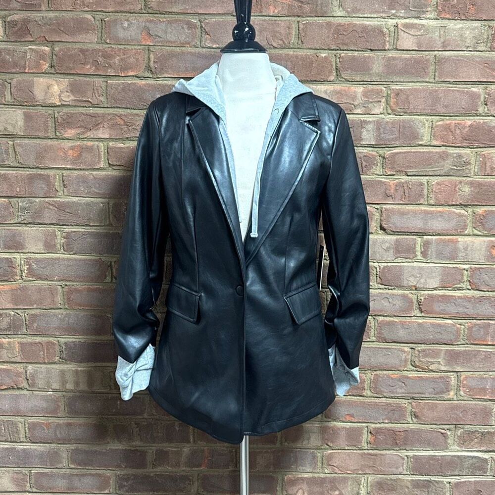 Fate Women’s Black Pleather Grey Hooded Blazer Sz Large NEW